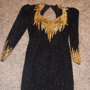 BEAUTIFUL WOMENS BLACK TIE BEADED HOLIDAY DRESS - BLACK & GOLD - SIZE 4